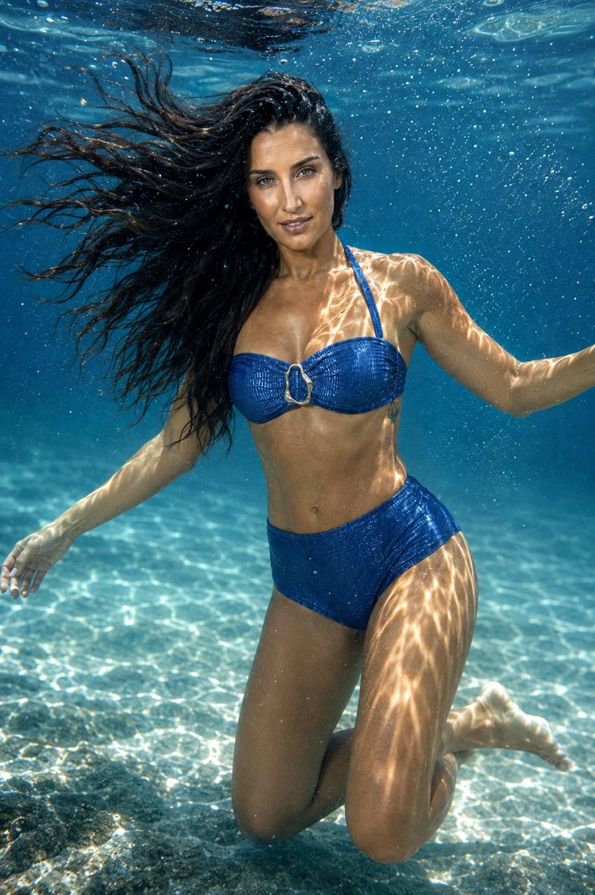 Modelo Salinas Swimwear bajo el agua con bikini azul